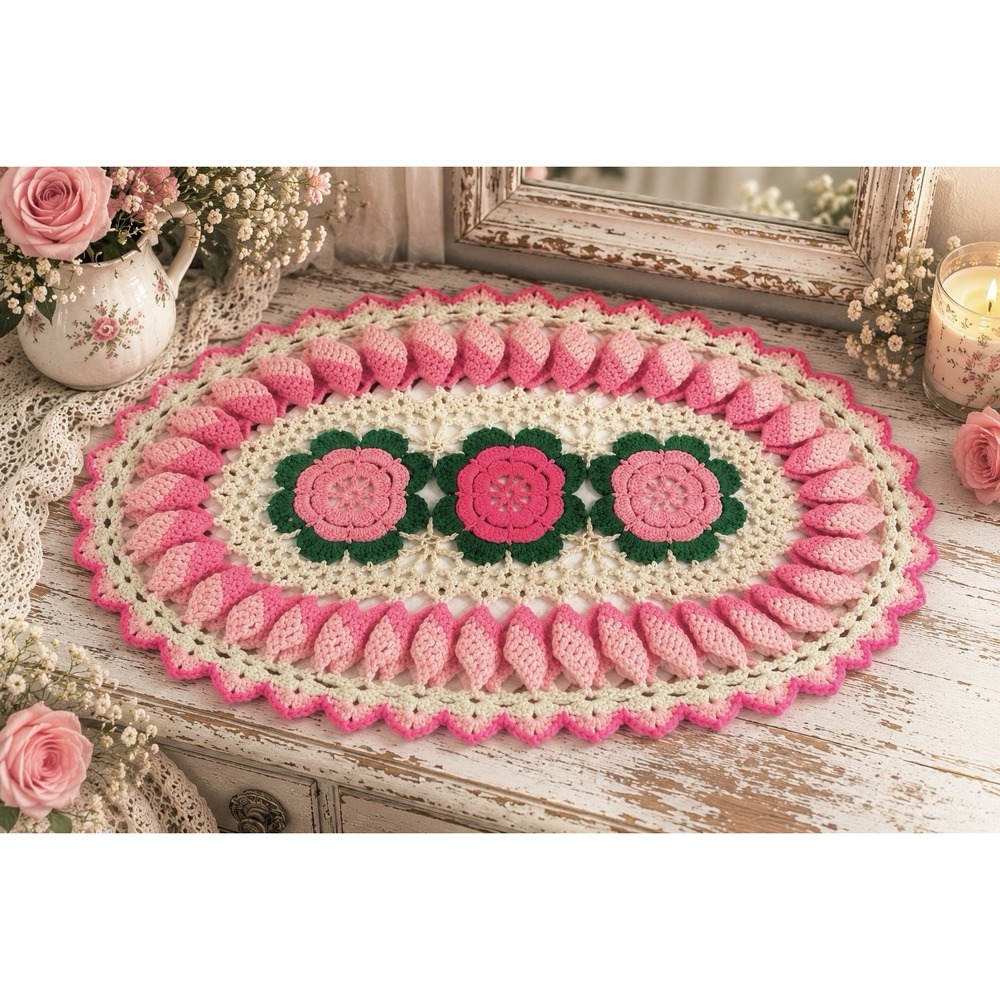 Handcrafted Crochet Flower Ruffle Inset Oval Rose Doily Crochet Oval Shabby Chic